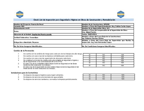 Check List Semanal S H Check List De Inspecci N Para Seguridad E