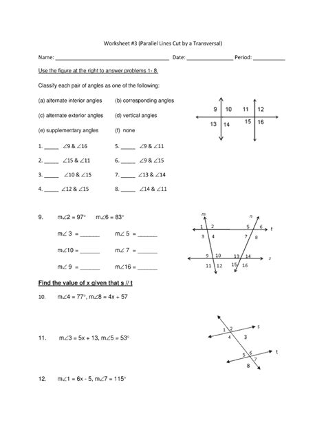 Parallel Lines Cut By A Transversal Worksheets