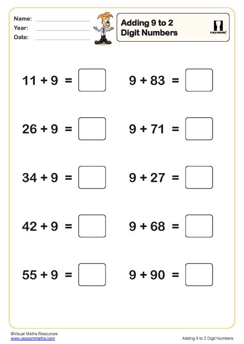 Adding 9 To 2 Digit Numbers Worksheet 10 Questions Pdf Printable Addition Worksheets