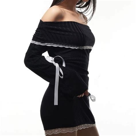 Black Long Sleeve Off Shoulder Bow Mini Dress Free From Label