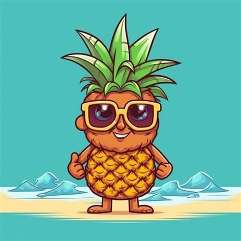 Premium AI Image Pineapple Cartoon Character With Sunglasses On The Beach