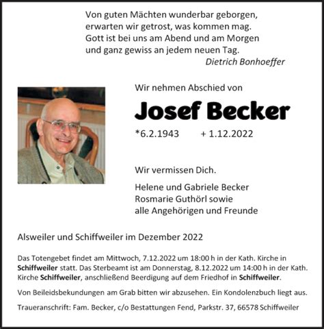 Traueranzeigen Von Josef Becker Saarbruecker Zeitung Trauer De