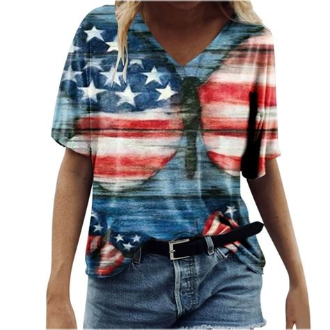 Brnmxoke Patriotic Shirts Women Womens American Flag Shirt V Neck Short