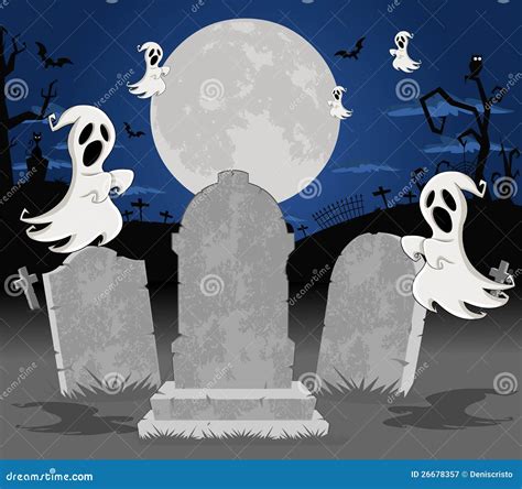 Halloween Cemetery With Tombs And Ghosts Stock Vector Illustration Of