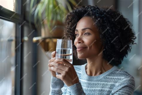 Premium Photo A Lovely Middleaged Woman Holds A Glass Of Clear Water