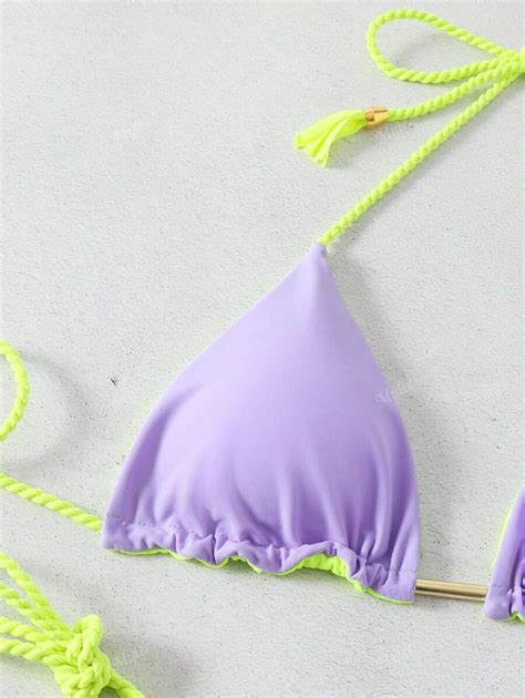 Halter Tie Piece Bikini Set With Metal Decor Sexy Backless High End