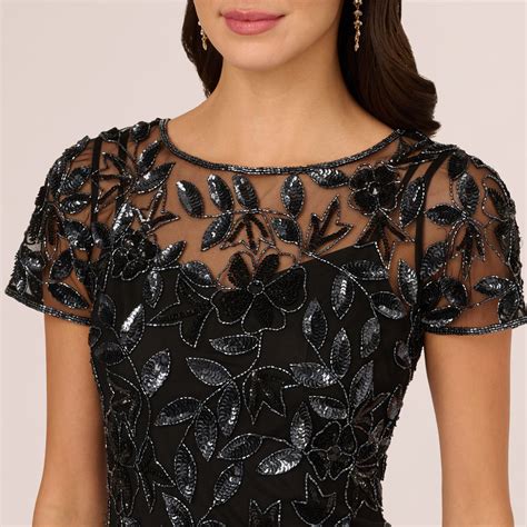 Hand Beaded Short Sleeve Floral Godet Gown In Black Gunmetal Adrianna