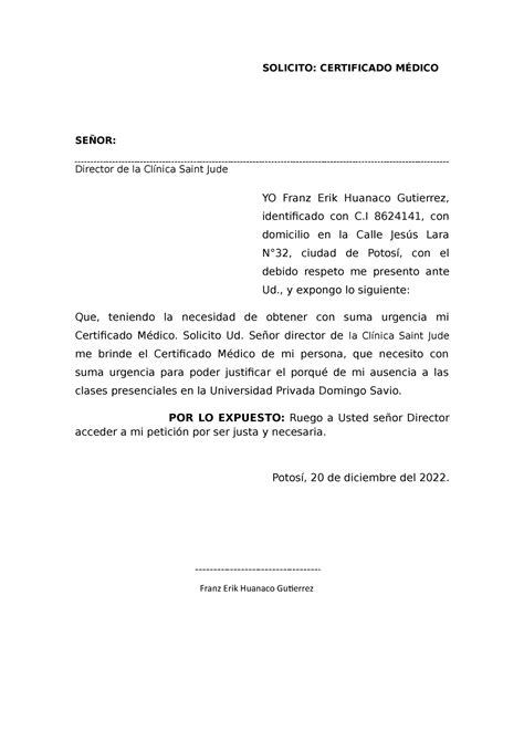 368610652 Solicitud De Certificado Medico Solicito Certificado MÉdico SeÑor Director De La