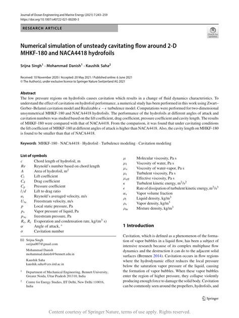 Numerical Simulation Of Unsteady Cavitating Flow Around D Mhkf