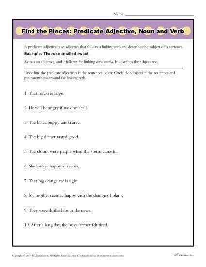 Predicate Noun And Predicate Adjective Worksheets With Answers