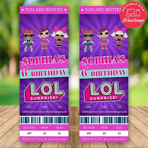 Editable Lol Surprise Dolls Ticket Birthday Invitations File Zingtemp