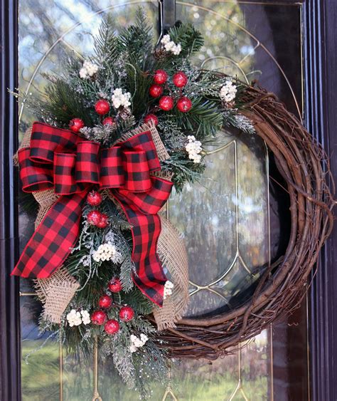 Christmas Wreath For Front Door With Buffalo Plaid Rustic Etsy Country Christmas Decorations