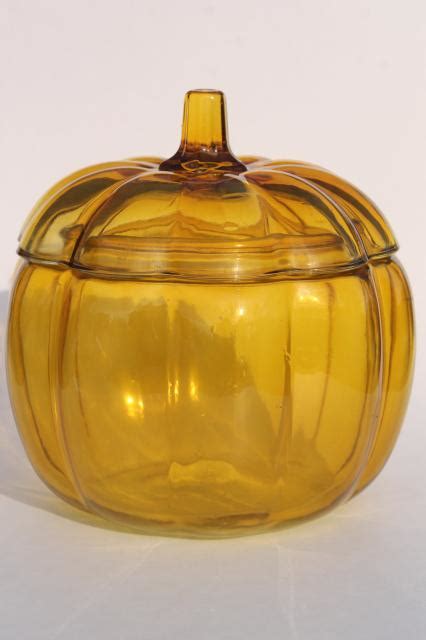 Amber Yellow Pumpkin Glass Cookie Jar Canister For Fall Harvest Table Halloween Or Thanksgiving