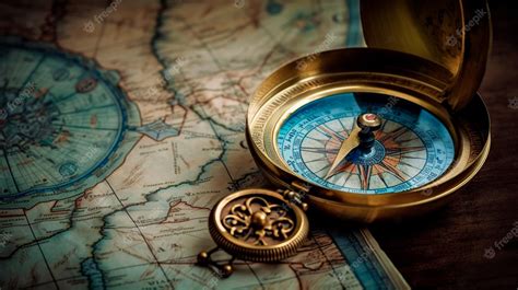 Premium Photo Old Antique Compass On A Paper Map Blue Gold Background Wallpaper Goals