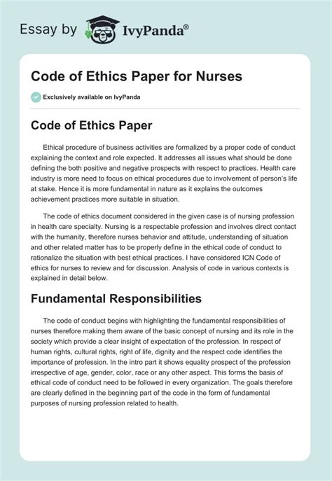 Code Of Ethics Paper For Nurses 1409 Words Research Paper Example