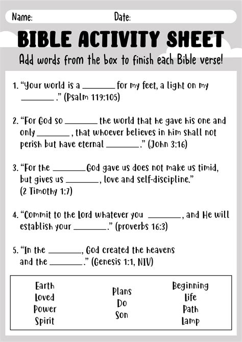 Printable Bible Activity Sheets