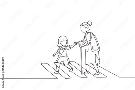 Single One Line Drawing Little Girl Helps Old Woman To Cross Road At