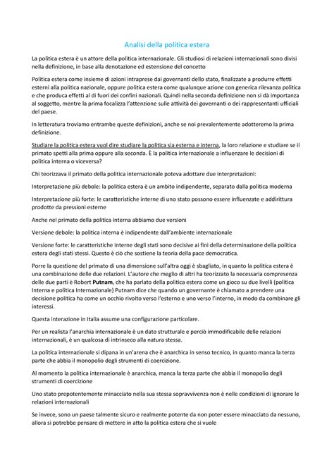 Analisi Politica Estera Appunti Analisi Della Politica Estera La