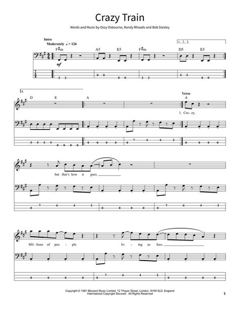 Ozzy Osbourne Crazy Train Sheet Music And Printable Pdf Music Notes