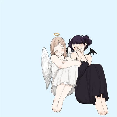 Safebooru 2girls Angel And Devil Angel Wings Bangs Barefoot Black