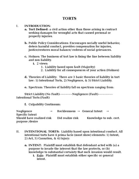 Sample Intentional Torts Outlines Torts I Introduction A Tort