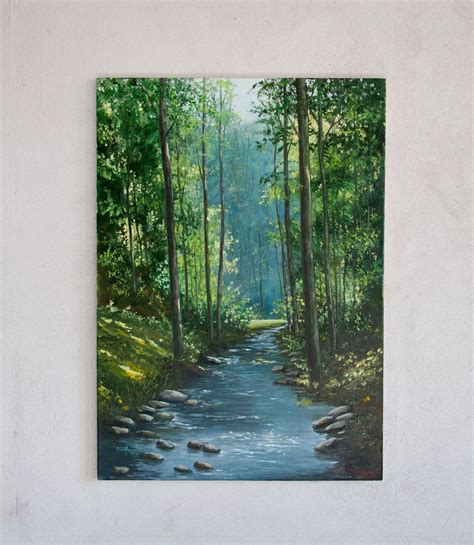 Stream In Forest Oil Painting Original Artwork On Canvas Large Painting Green Forest Trees Creek