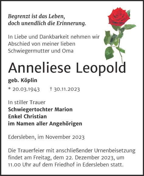 Traueranzeigen Von Anneliese Leopold Abschied Nehmen De