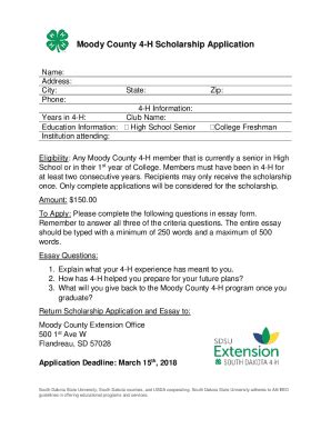 Fillable Online Moody County 4 H Scholarship Application Fax Email