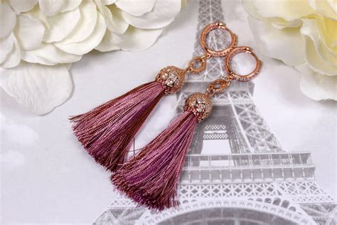 Rose Gold Tassel Earrings Dark Pink Tassels Long Dangle Earrings Dusty Pink Earrings Gold