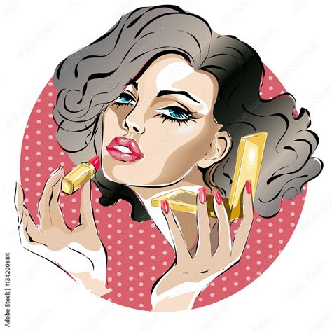 Pin Up Woman Makes Makeup Applying Red Lipstick On Lips Pop Art Style