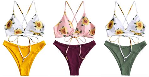 Zaful Sonnenblumen Spaghetti Träger Lace Up Bikini Set Ausgefallene