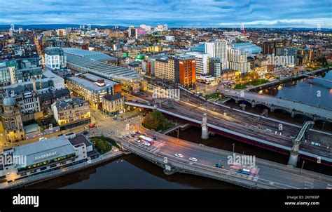 Aerial View From Drone At Dusk Of Skyline Of Glasgow At Central Station