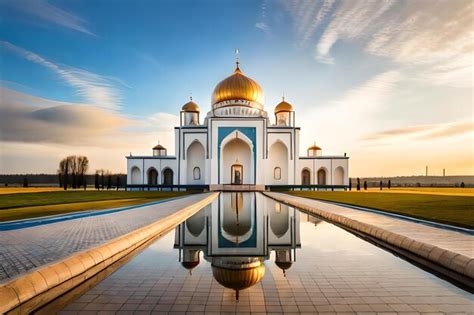 Premium Ai Image A Mosque With A Reflection Of The Sky In The Water