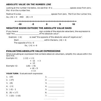 Integers Opposites Absolute Value Worksheet