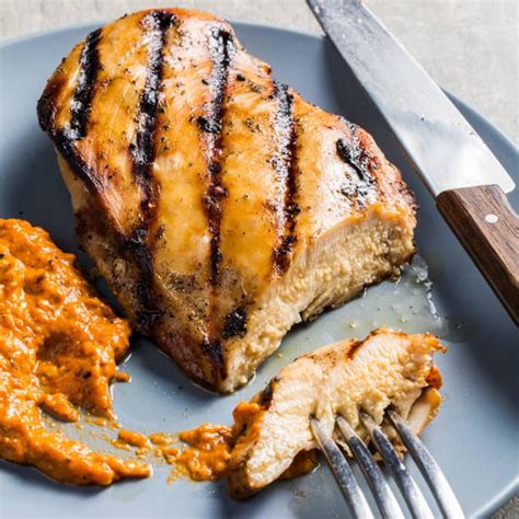 Grilled Boneless Skinless Chicken Breasts With Red Pepperalmond Sauce Americas Test Kitchen