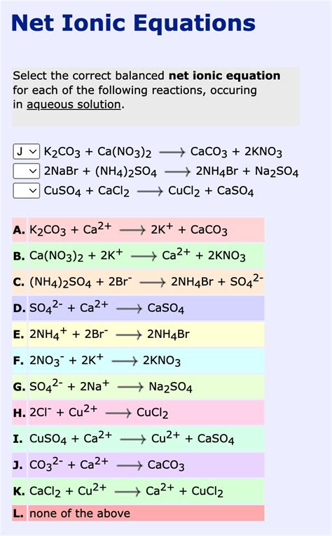 Solved Net Ionic Equations Select The Correct Balanced Net Chegg