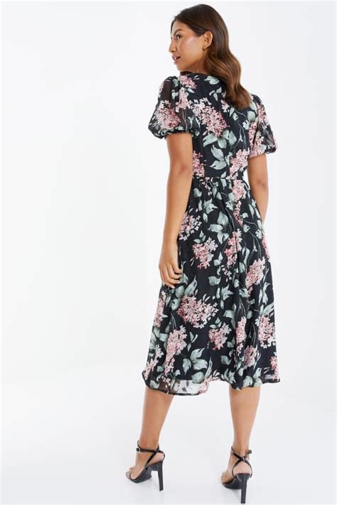 Black Floral Chiffon Midi Dress