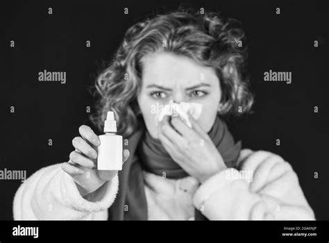 Female Health Concept Woman With Cold Flu Use Nasal Spray Illness