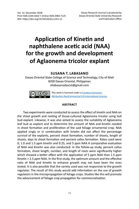 Pdf Application Of Kinetin And Naphthalene Acetic Acid Naa For The