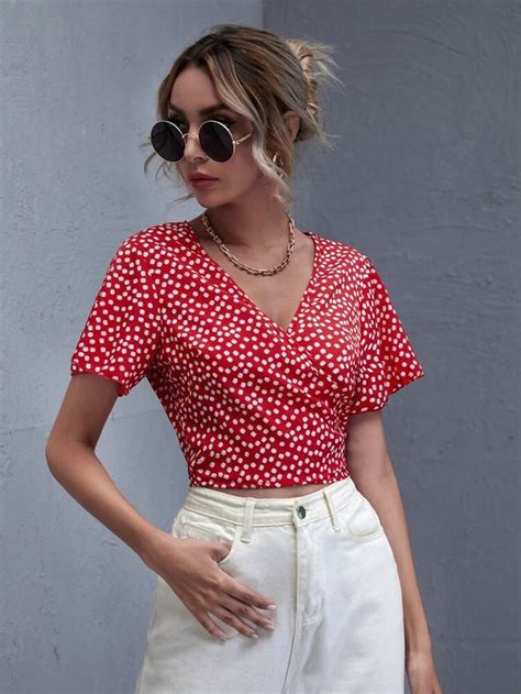 Shein Surplice Neck Knot Side Ditsy Floral Top Tops Women Blouses