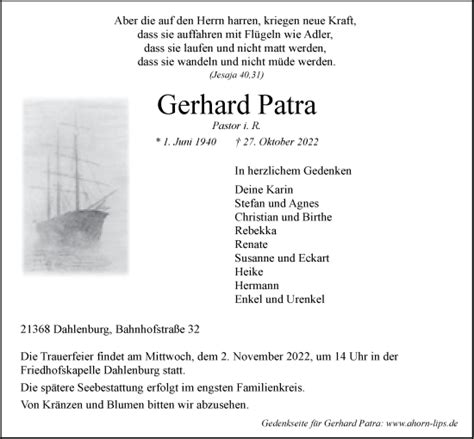 Traueranzeigen von Gerhard Patra Trauer Lüneburg de