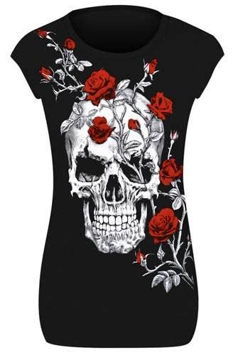 Tee Shirt Long Femme T Te De Mort Skull Roses Rock A Gogo