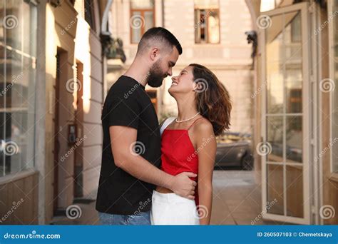 Happy Young Couple Hugging On City Street Stock Image Image Of Hipster Husband 260507103