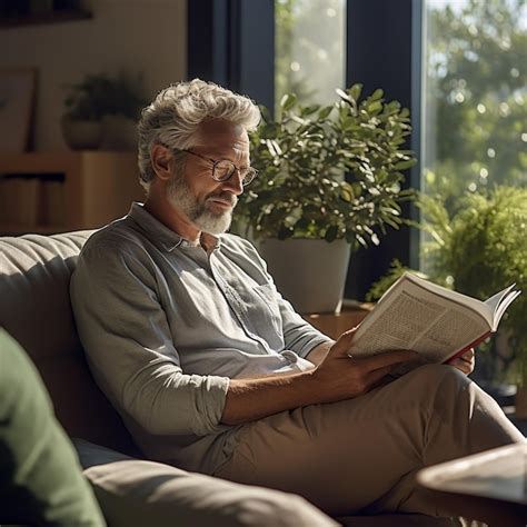 Foto de un hombre leyendo un libro sentado en el sofá Foto Premium