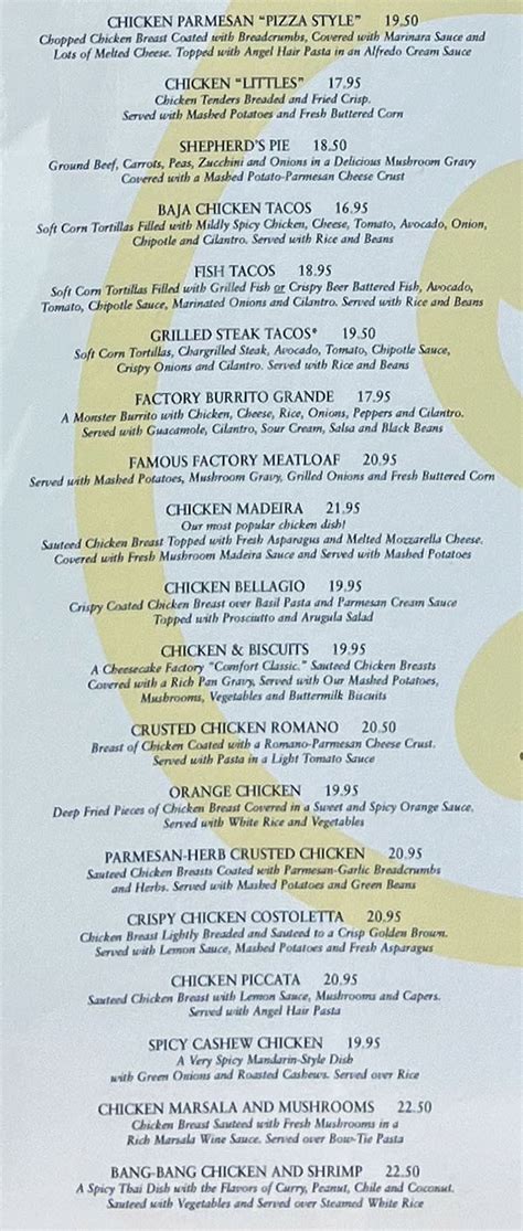 The Cheesecake Factory Menu Slc Menu