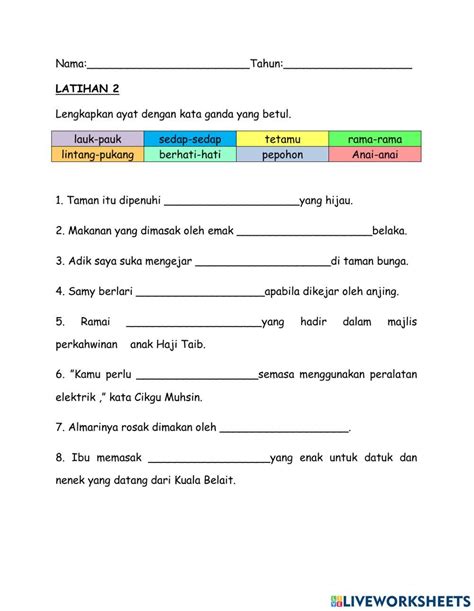 Kata Ganda Online Exercise For Tahun 2 Live Worksheets