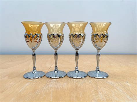 Farber Brothers Krome Kraft Amber Crystal Cordial Glasses With Chrome Stem Set Of 4 Vintage