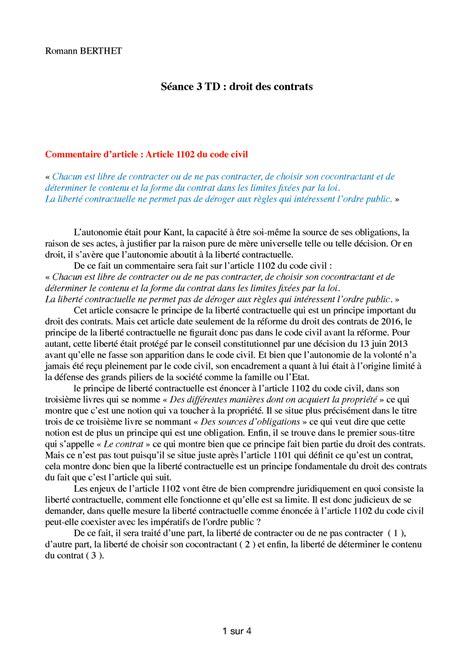 Td Droit Des Contrats Commentaire Article 1102 Du Code Civil Romann