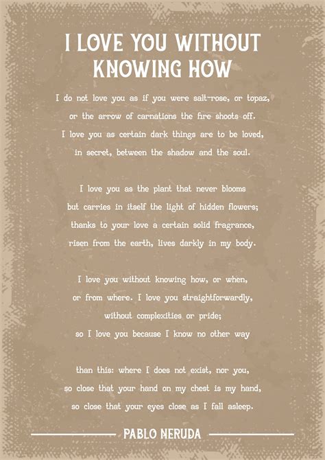 Pablo Neruda I Love You Without Knowing How Poem Art Print - Etsy UK