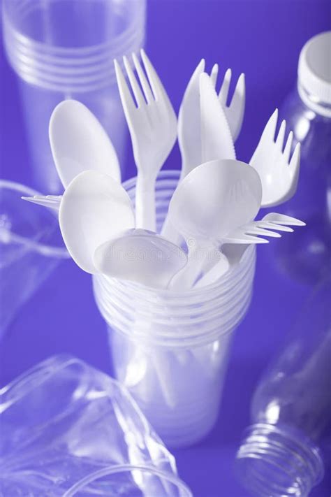 Single Use Plastic Cups Forks Spoons Concept Of Recycling Plastic